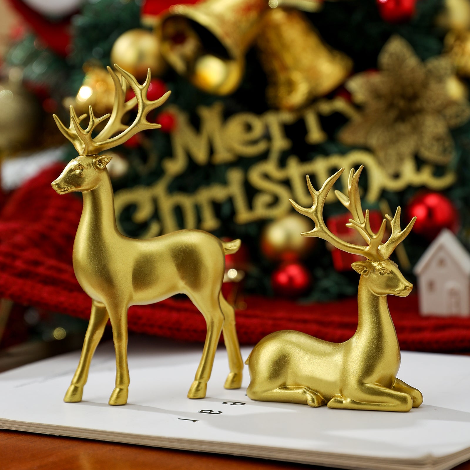 Christmas Reindeer Resin Figurines – Standing & Sitting Deer Decor
