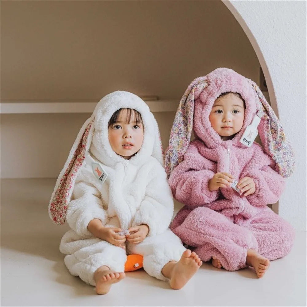 Baby Rabbit Romper – Newborn Hooded Plush Jumpsuit for Boys & Girls